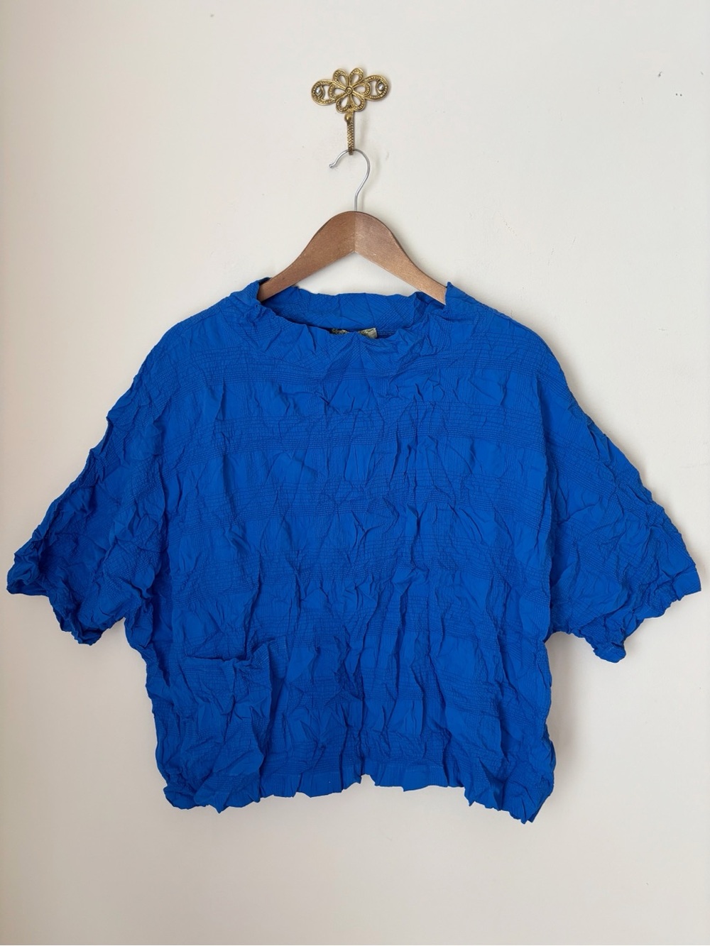 Chalet Blue Galena Crush Texture Short Sleeve Boxy Top XS NEW NWT